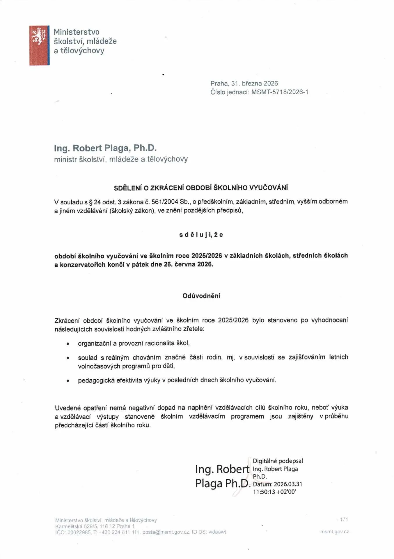 zkrácení školního roku